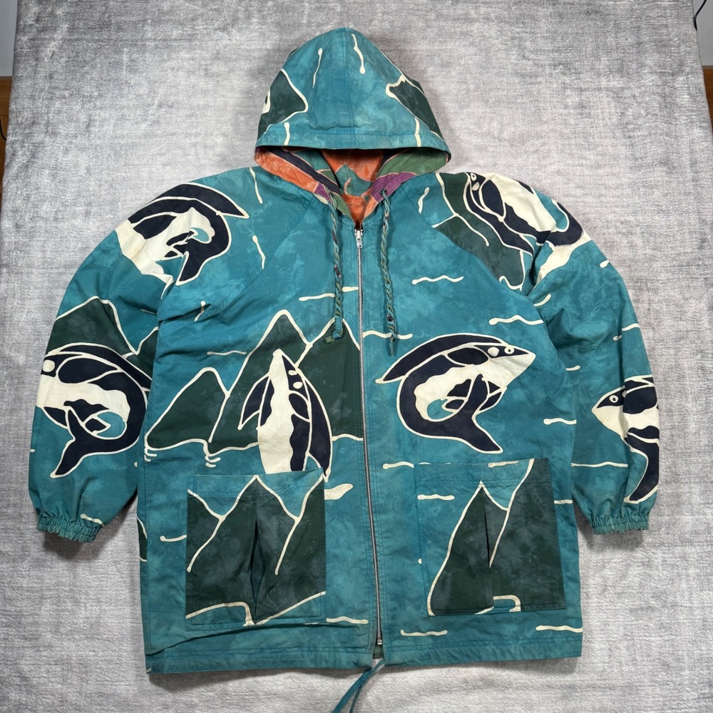 Vintage Reversible Jacket Women Large Teal Orca Whale Parka 80s Art Hippie Boho